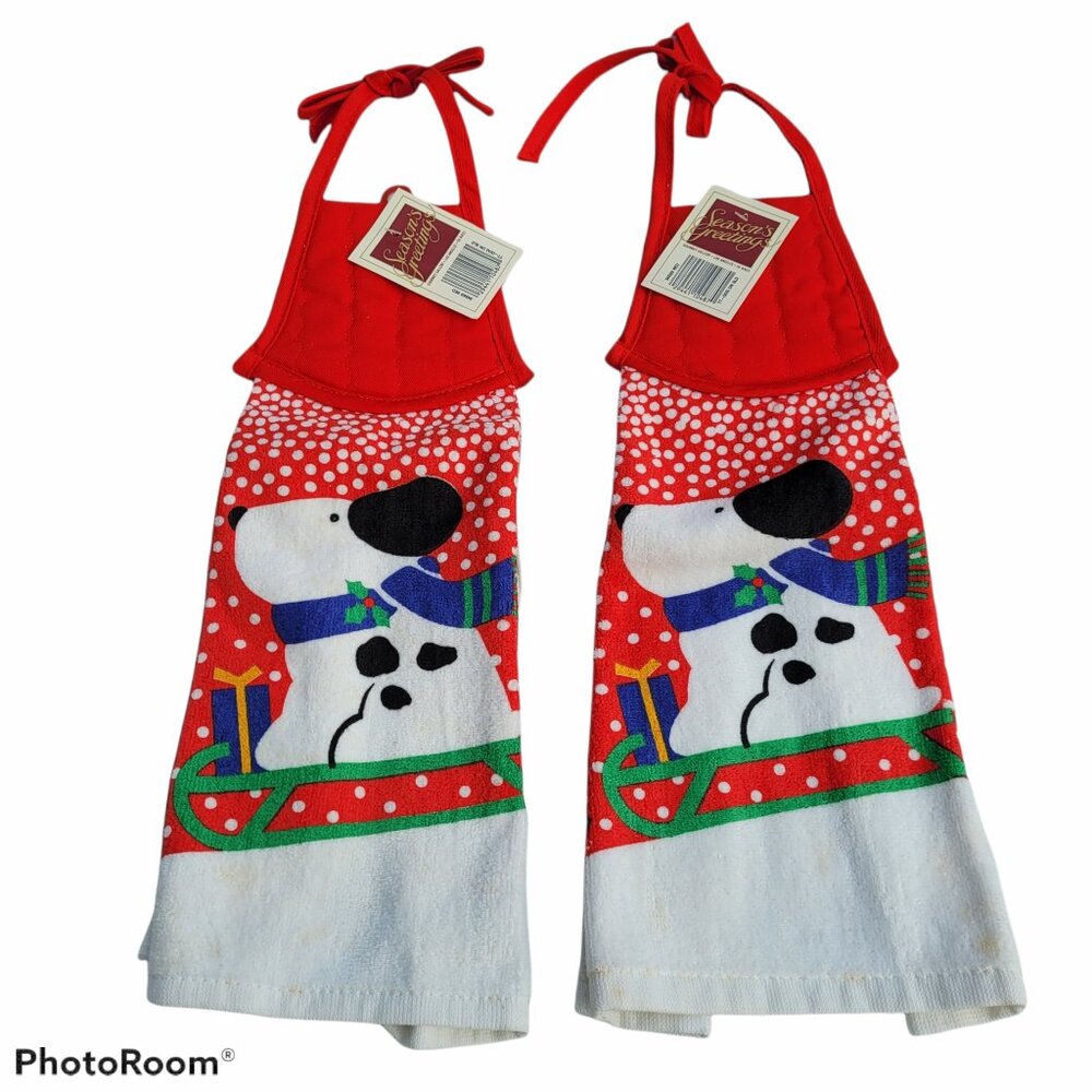 Hallmark Vintage Christmas Holiday Kitchen Towels Cotton Dog on Sled Snow New